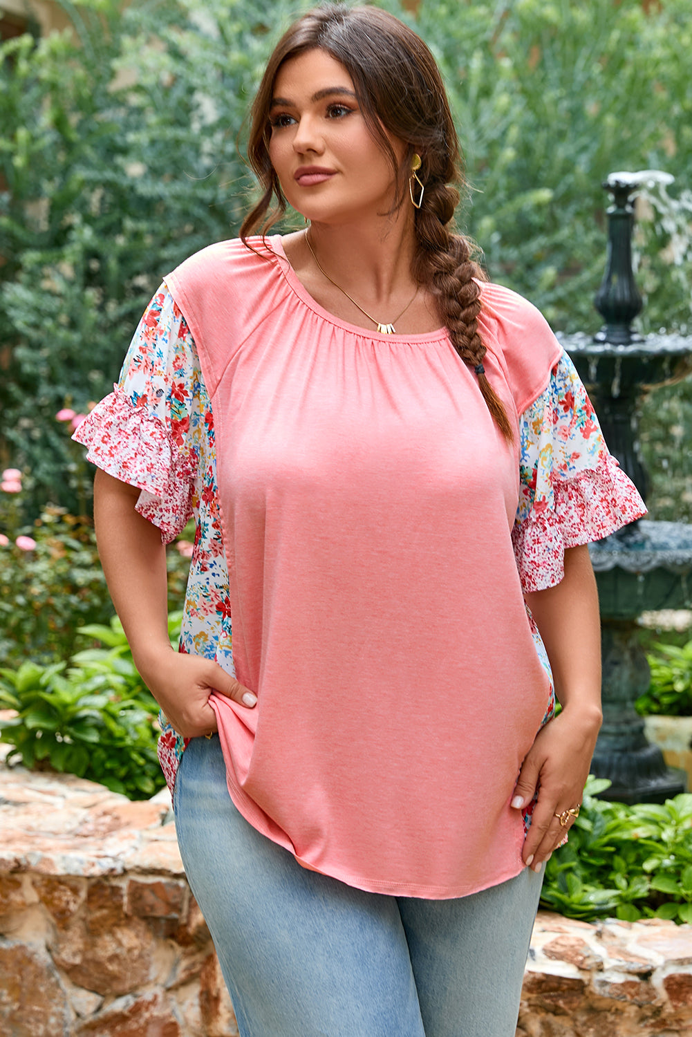 Pink Plus Size Floral Patchwork Ruffled Short Sleeve Blouse 🇨🇳