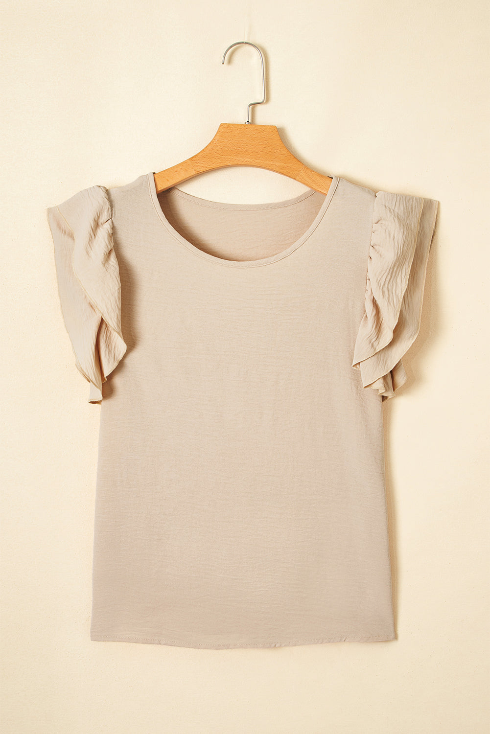 Beige Solid Color Ruffled Short Sleeve Casual Blouse 🇨🇳