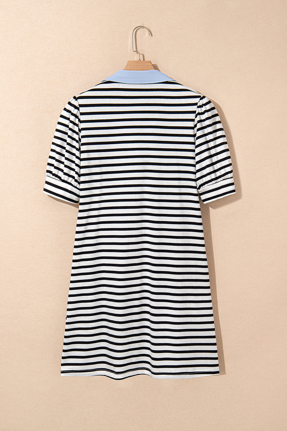 Black Stripe Contrast V Neck Collared Puff Sleeve T Shirt Mini Dress with Pockets 🇨🇳