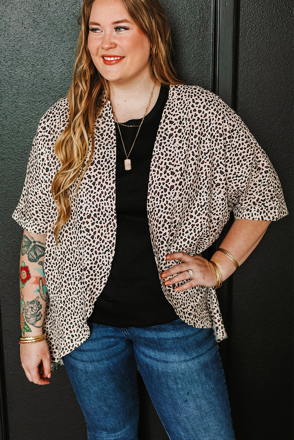 Khaki Plus Size Leopard Print Half Sleeve Open Front Cardigan  🇺🇸
