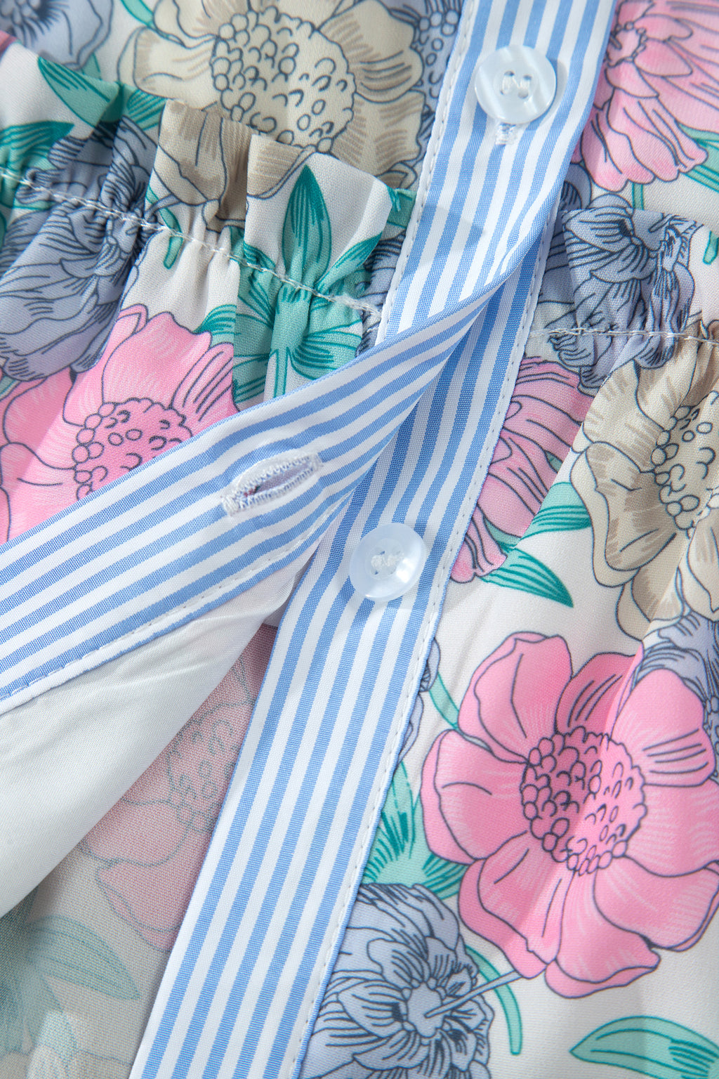White Floral Print Striped Contrast Trim Belted Short Dress 🇺🇸