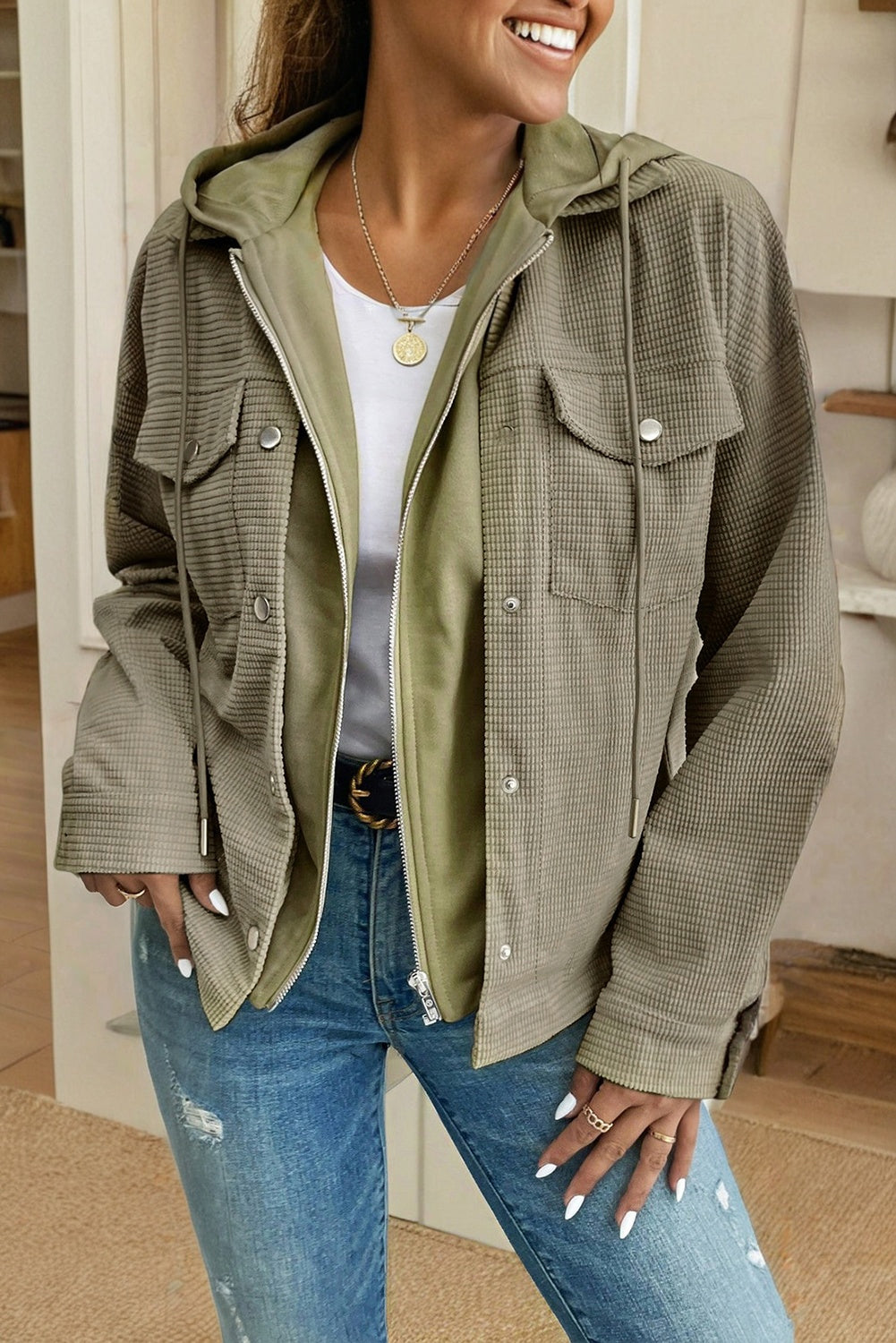 Laurel Green 2 in 1 Thermal Knit Textured Hooded Jacket 🇺🇸
