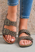 Coffee Geometric Print Cut Out Buckle PU Leather Flat Slippers 🇨🇳