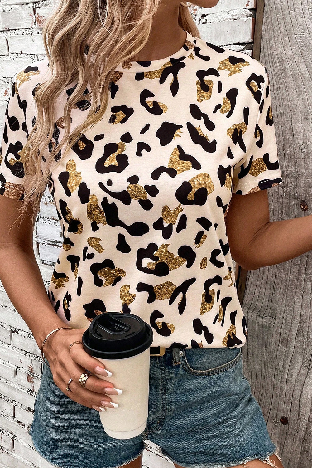 Apricot Leopard Print Round Neck Casual T Shirt 🇨🇳