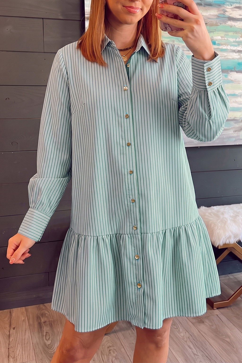 Green Stripe Striped Shift Long Sleeve Dress 🇺🇸