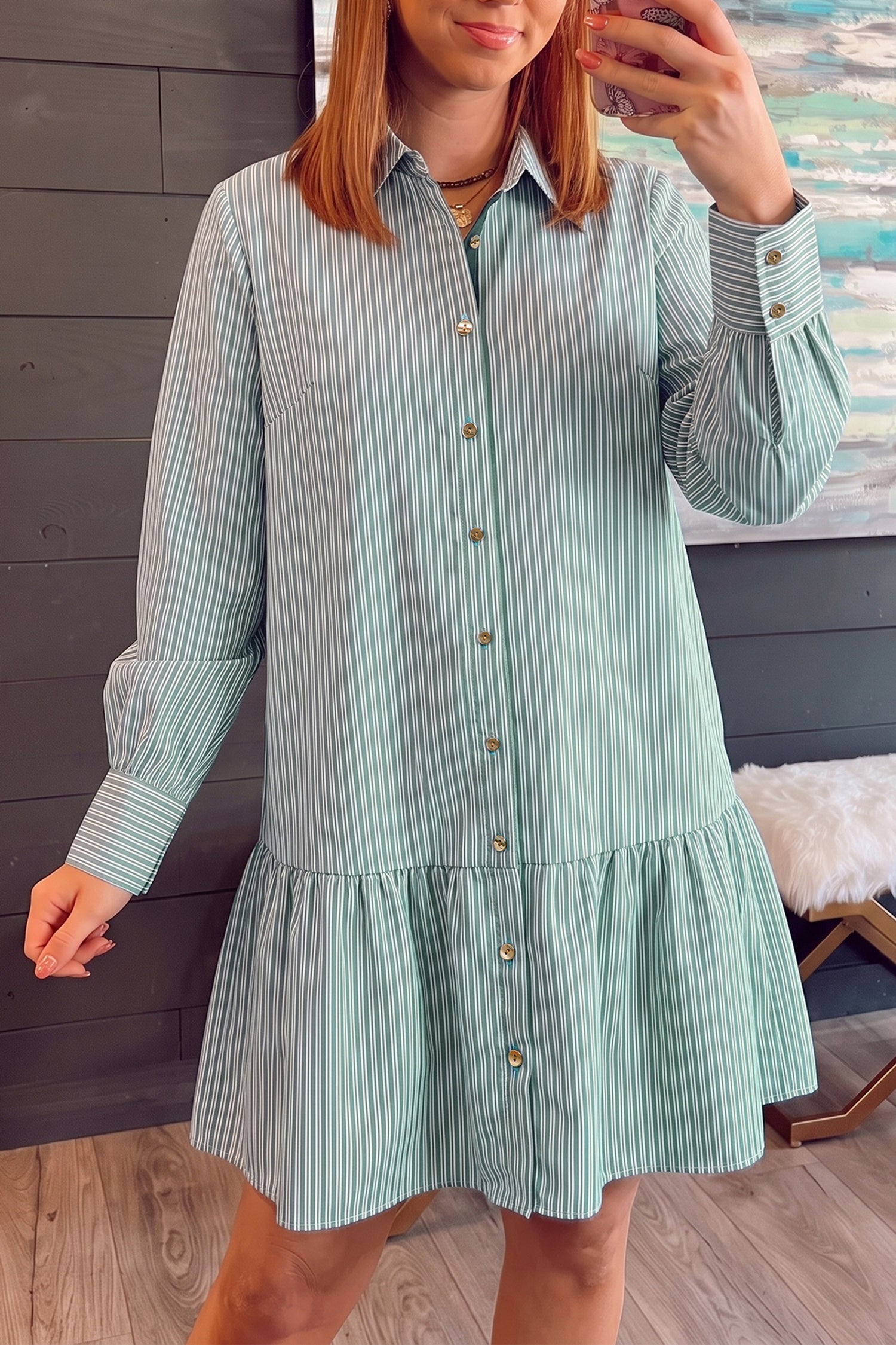 Green Stripe Striped Shift Long Sleeve Dress 🇺🇸