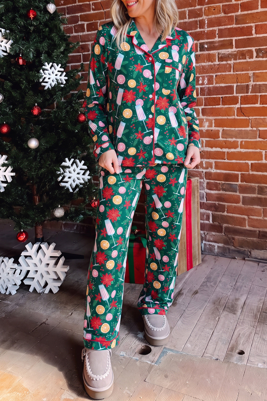 Green Holiday Print Pocket Detail Long Sleeve Collar Lounge Set 🇺🇸