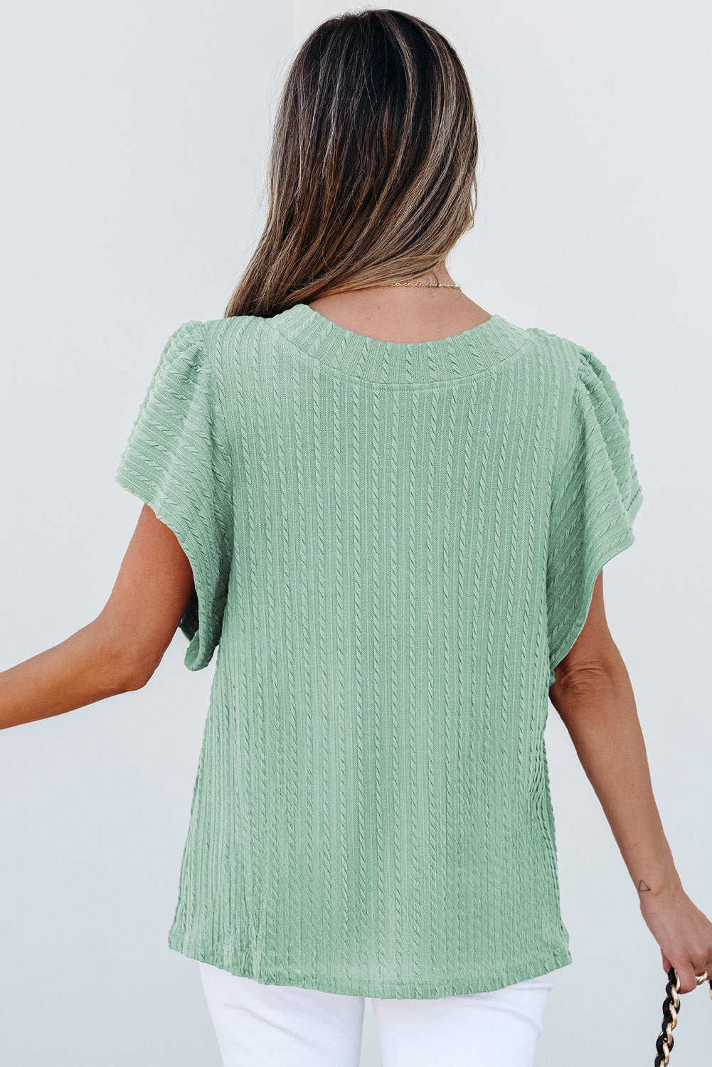 Sleet Solid Color Textured Flutter Sleeve Top 🇺🇸