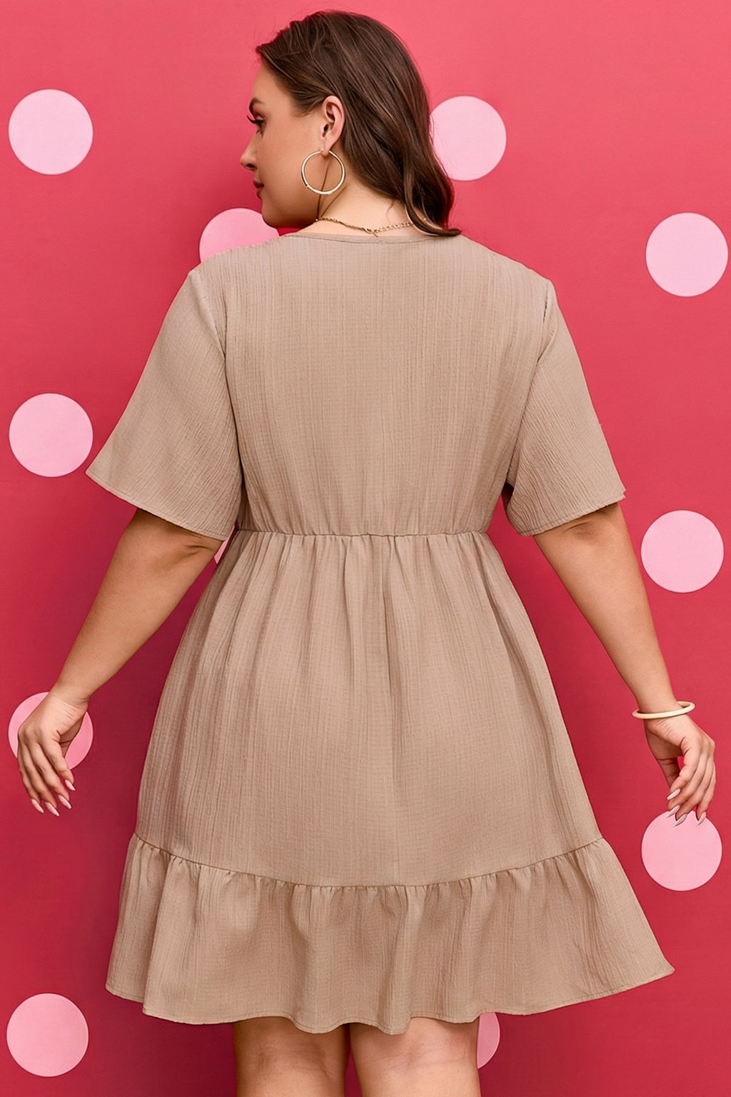 Dark Khaki Plus Size Textured Ruffled Short Sleeve Dress 🇺🇸