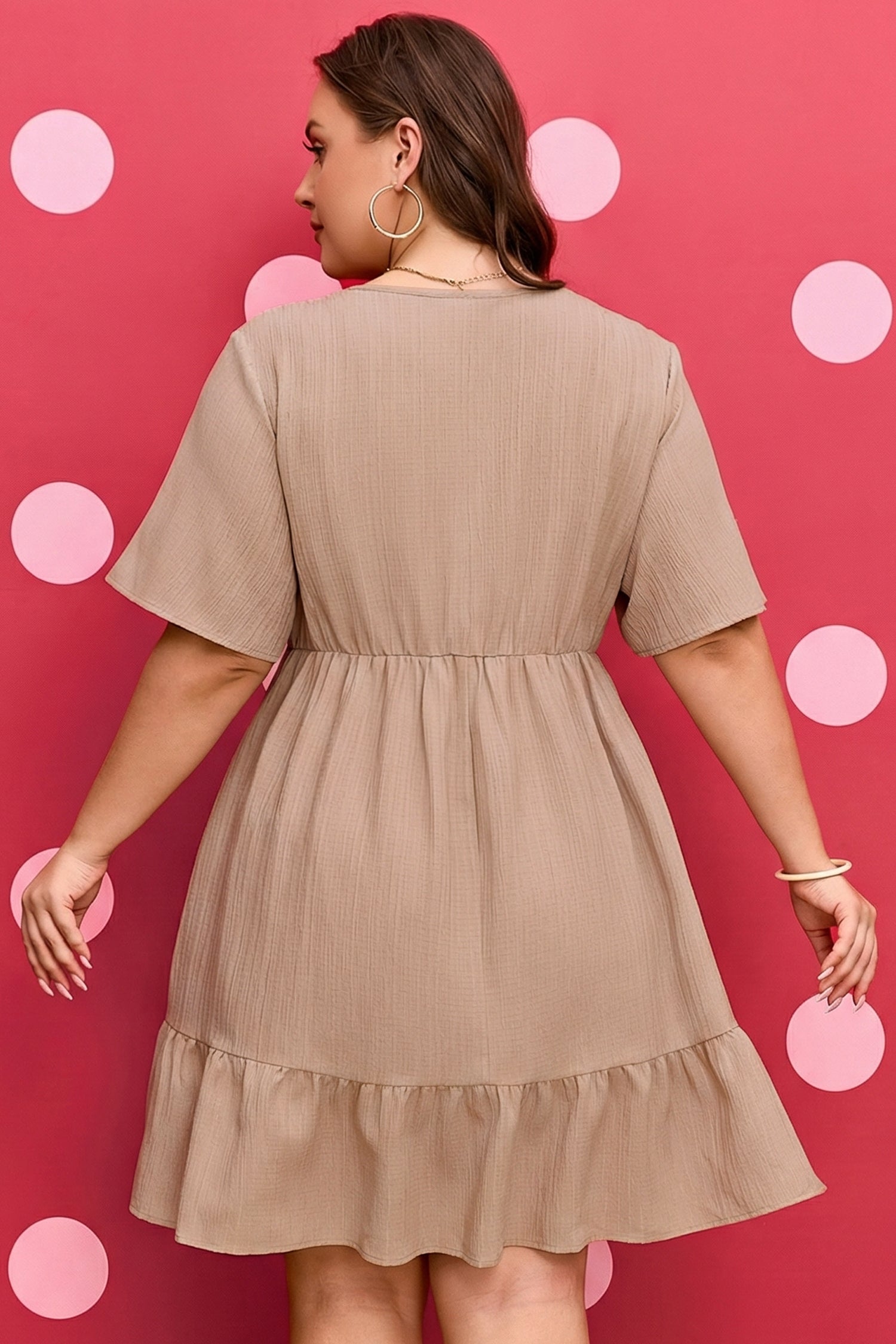 Dark Khaki Plus Size Textured Ruffled Short Sleeve Dress 🇺🇸
