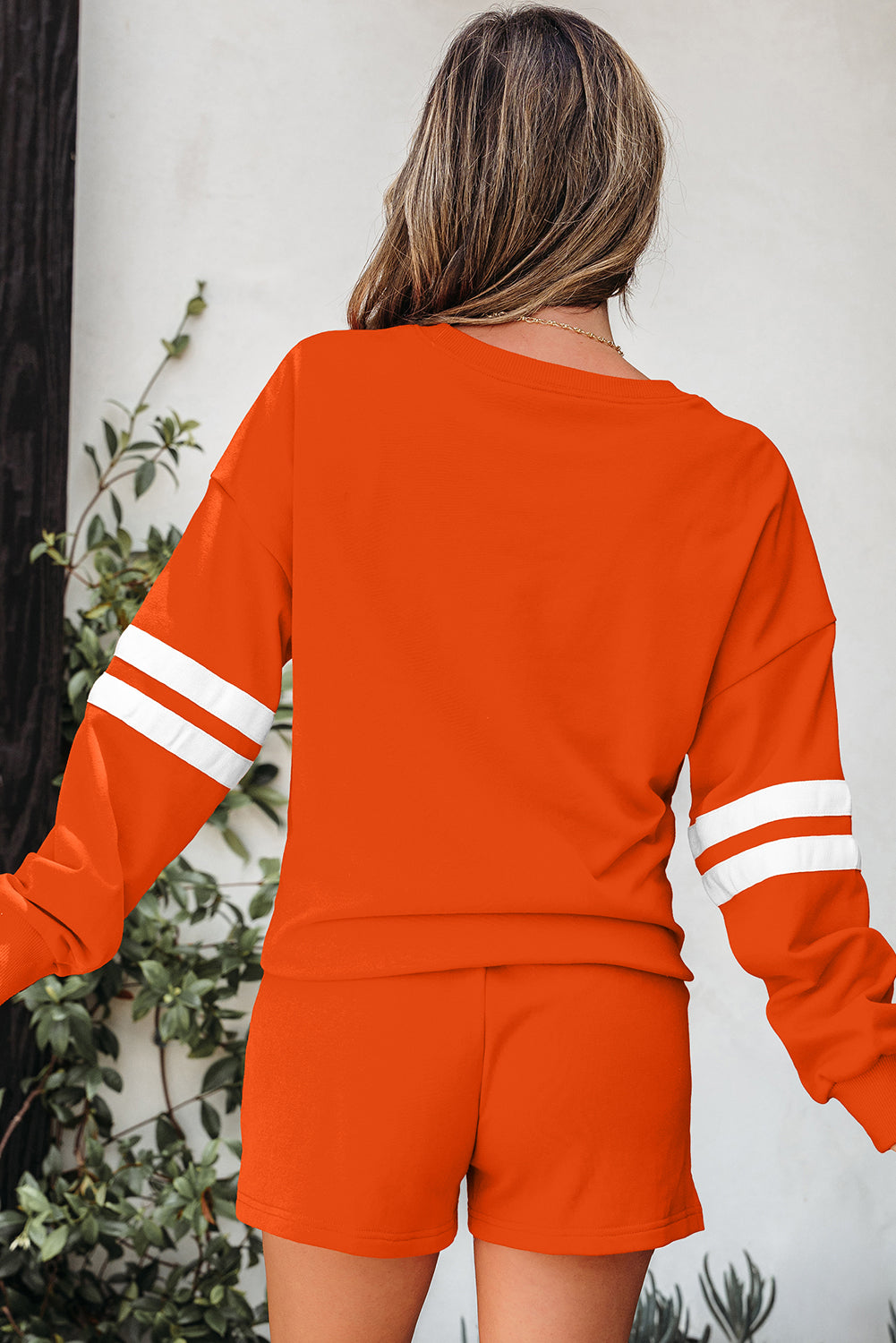 Orange Varsity Striped Sleeve Drop Shoulder Sweatshirt and Short Set 🇺🇲