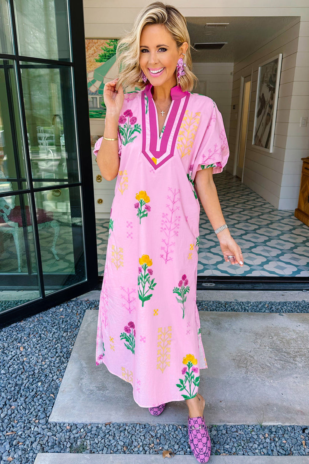 Pink Floral Print Short Sleeve Colorblock Trim V Neck Midi Dress 🇺🇸