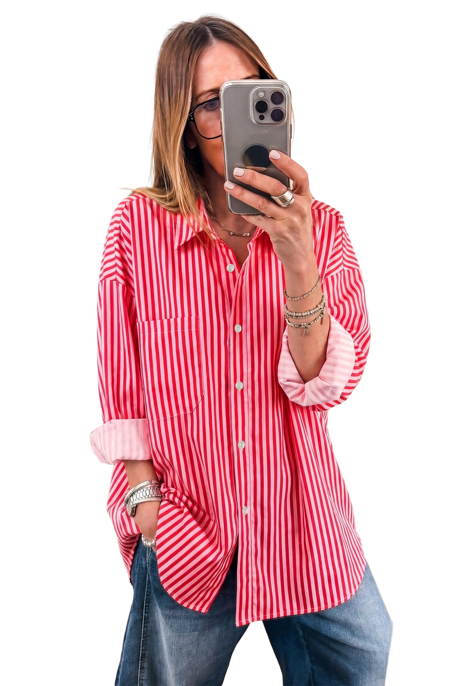 Red Stripe Button-Up Shirt Long Sleeve Patch Pocket Casual Shirt 🇺🇸