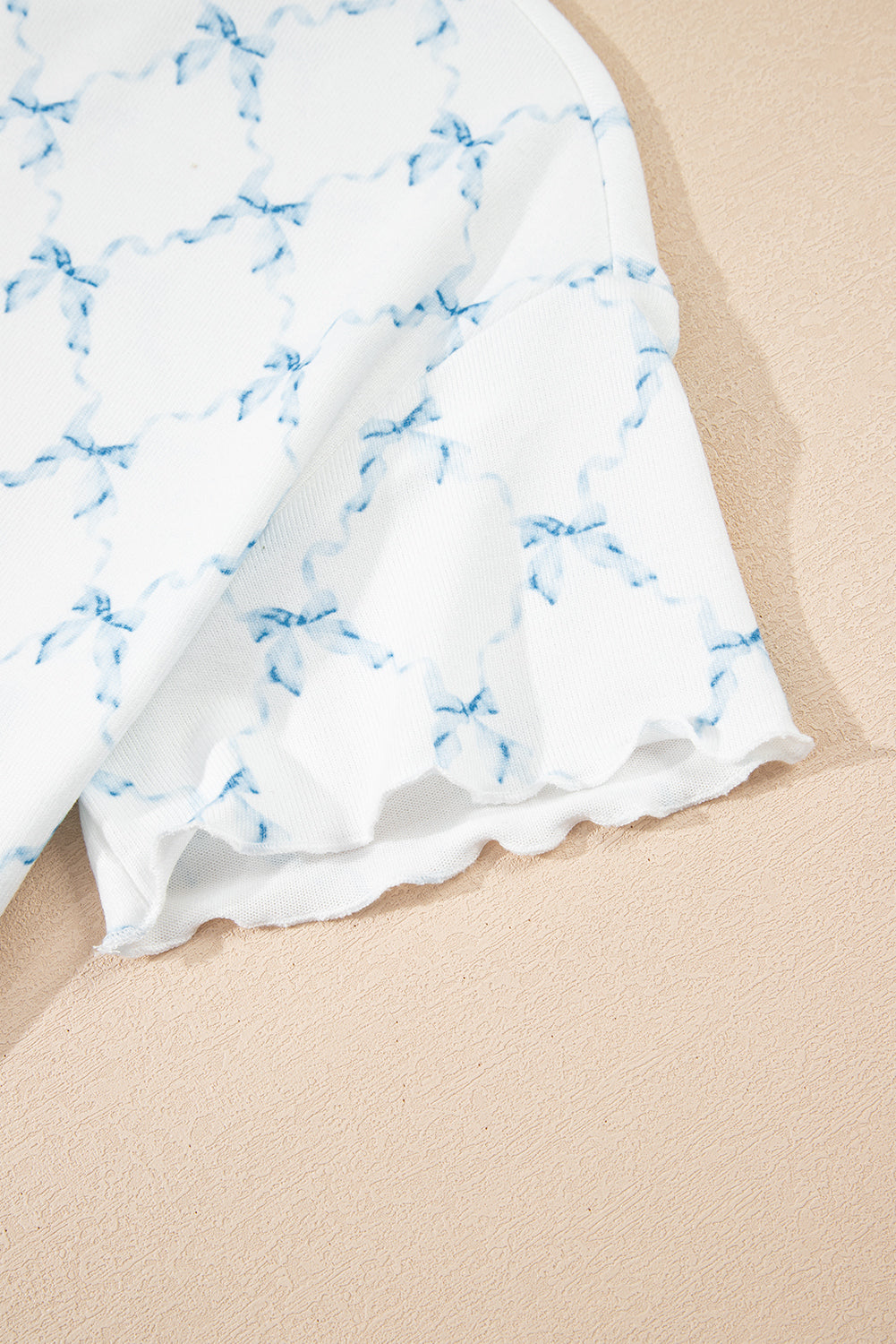 Sky Blue Bow Knot Geometric Print Lettuce Trim Two Piece Lounge Set 🇨🇳