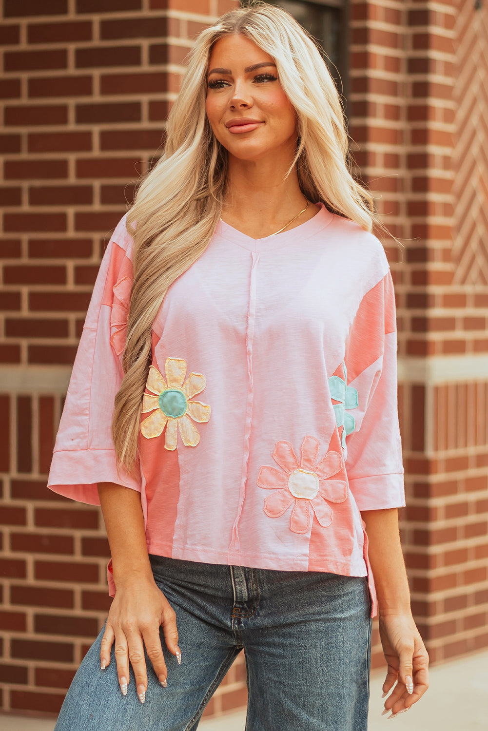 Pink Flower Patched Exposed Seam Bracelet Sleeve Oversized T Shirt 🇺🇲