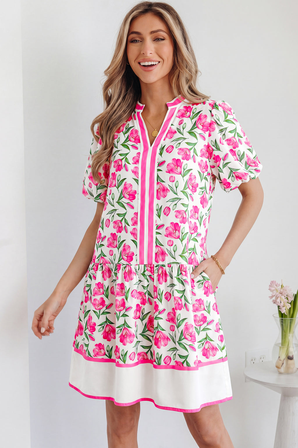 Multicolour Sweet Floral Print Striped Color Block Trim Short Dress 🇺🇸