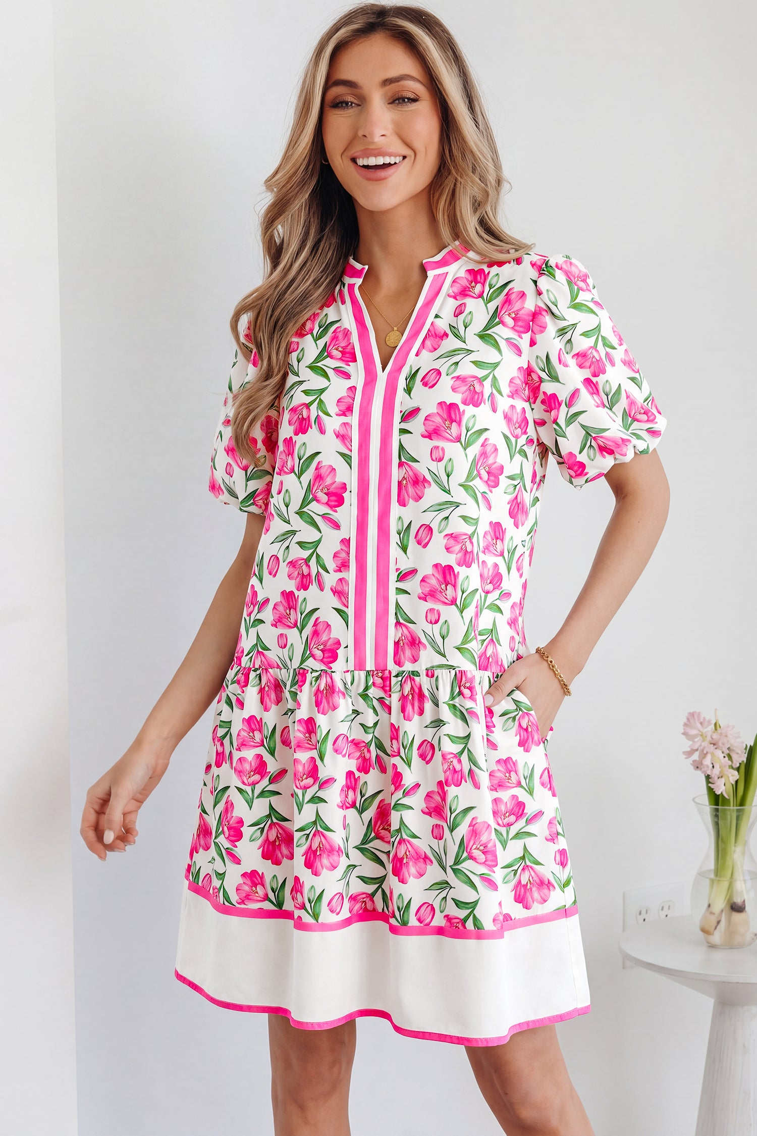 Multicolour Sweet Floral Print Striped Color Block Trim Short Dress 🇺🇸