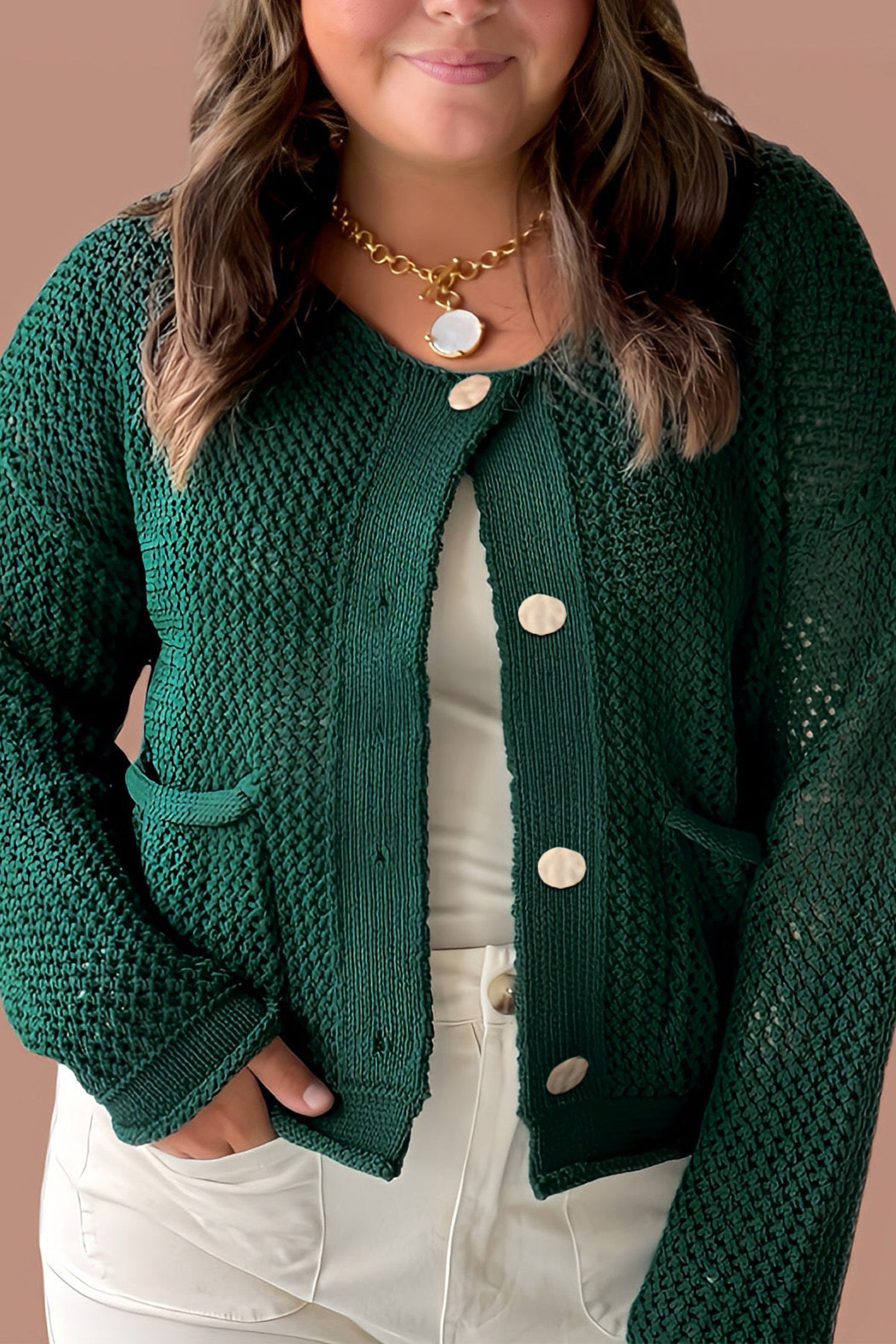 Blackish Green Plus Size Golden Accent Buttons Short Sweater Cardigan 🇺🇸