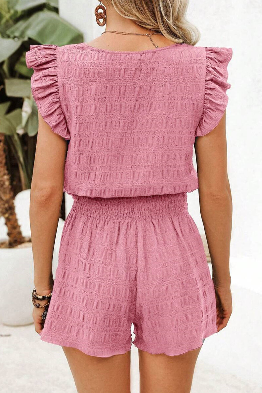 Peach Blossom Textured Square Neck Top and Shirred High Waist Shorts Set 🇺🇸