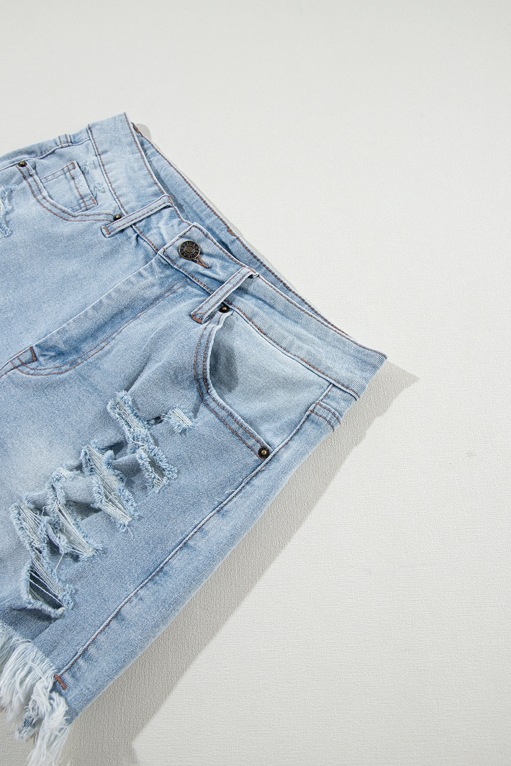 Light Blue Distressed Ripped Raw Hem High Waist Denim Shorts 🇨🇳