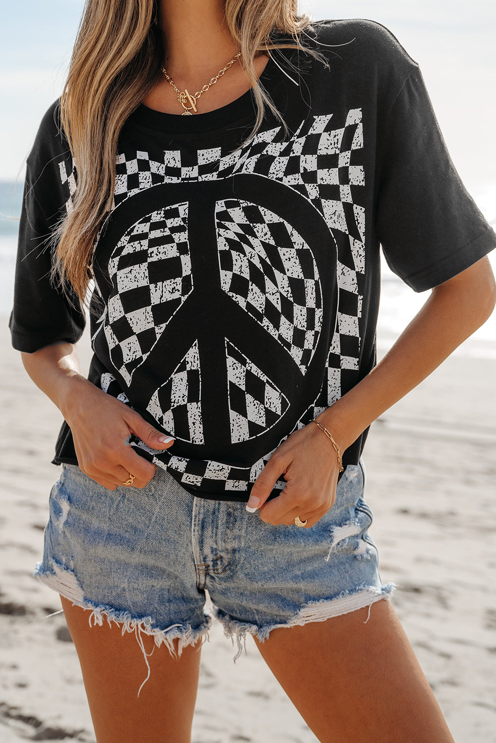 Black Checkerboard Peace Sign Printed Round Neck T Shirt 🇺🇸