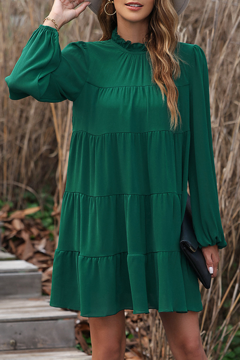 Green Puff Sleeve Mock Neck Back Knot Tiered Dress 🇺🇸