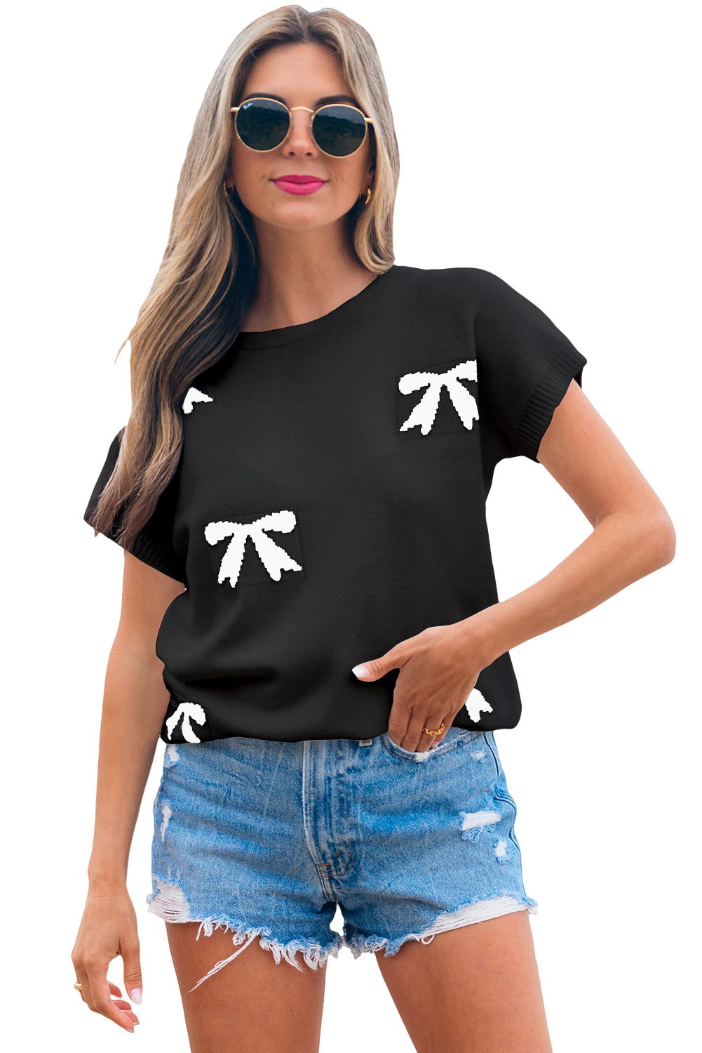 Black Bow Pattern Knit Short Sleeve Sweater 🇺🇲