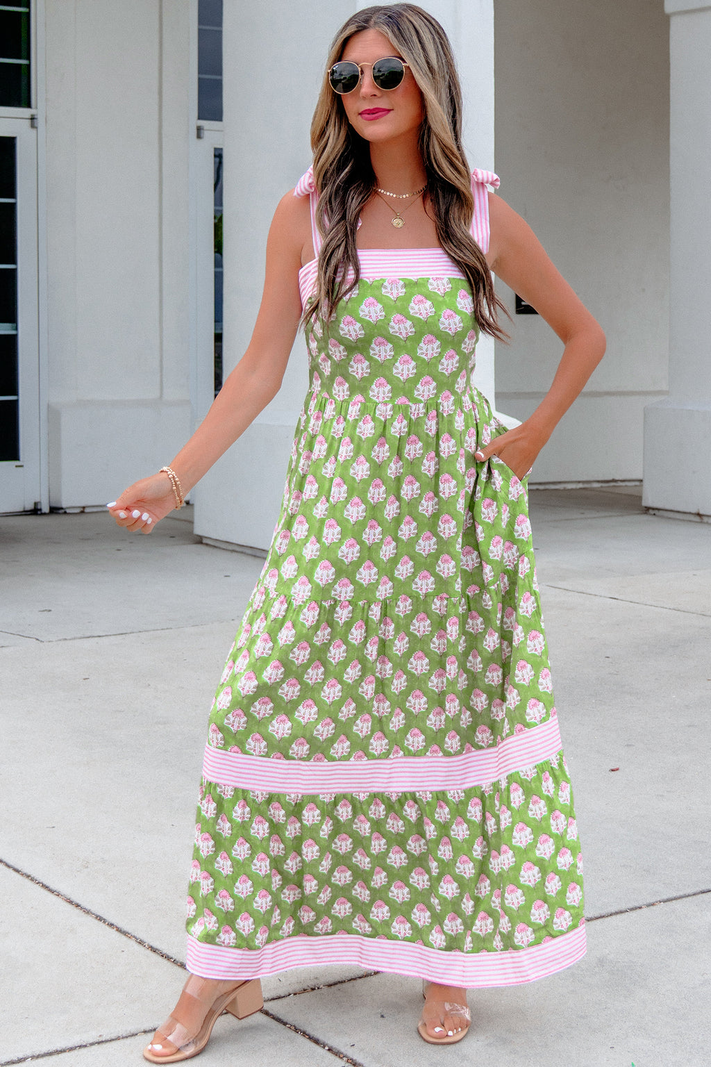 Green Floral Print Striped Detail Knot Straps Maxi Dress 🇺🇸