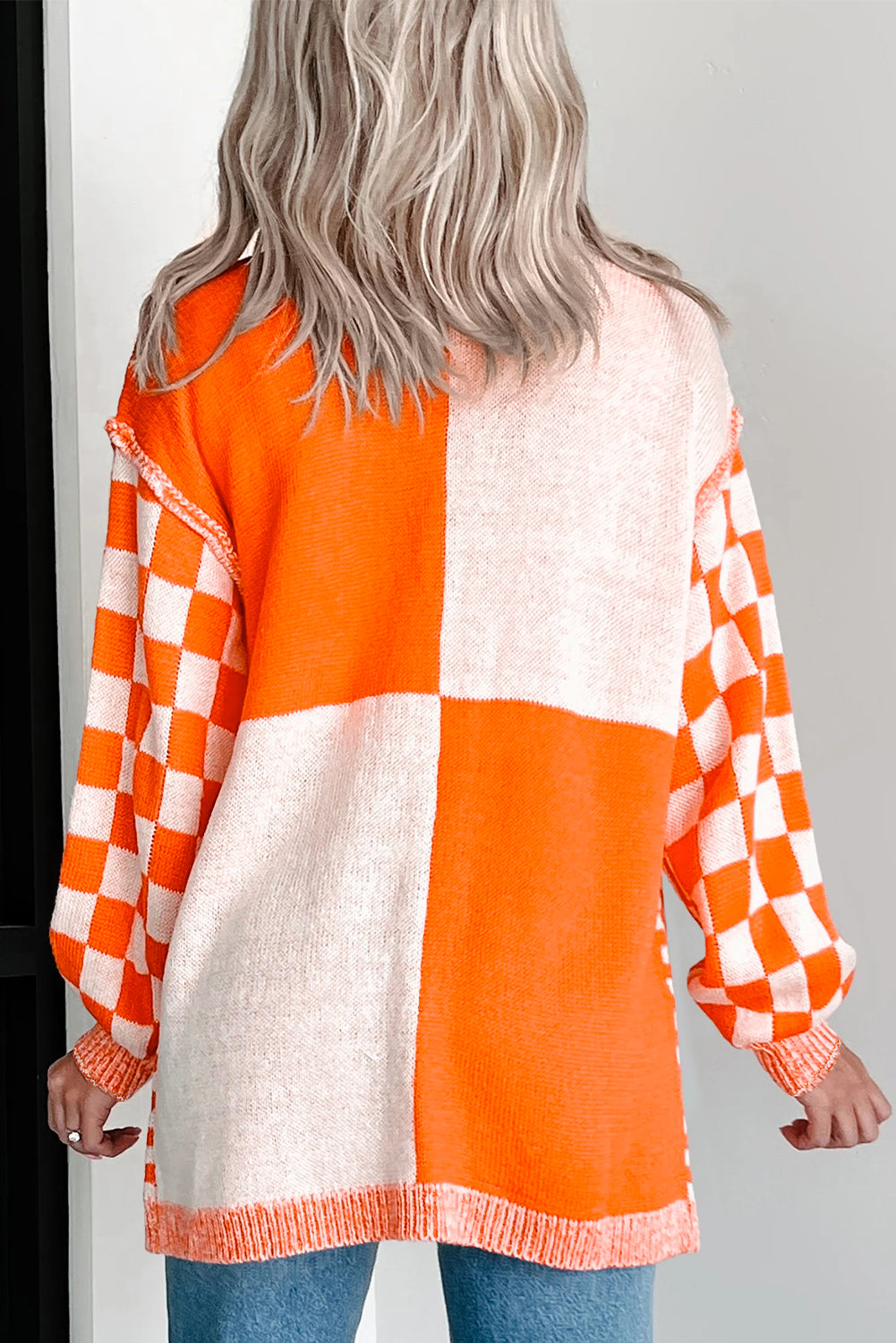 Orange Checkered Open Front Drop Shoulder Cardigan 🇺🇸