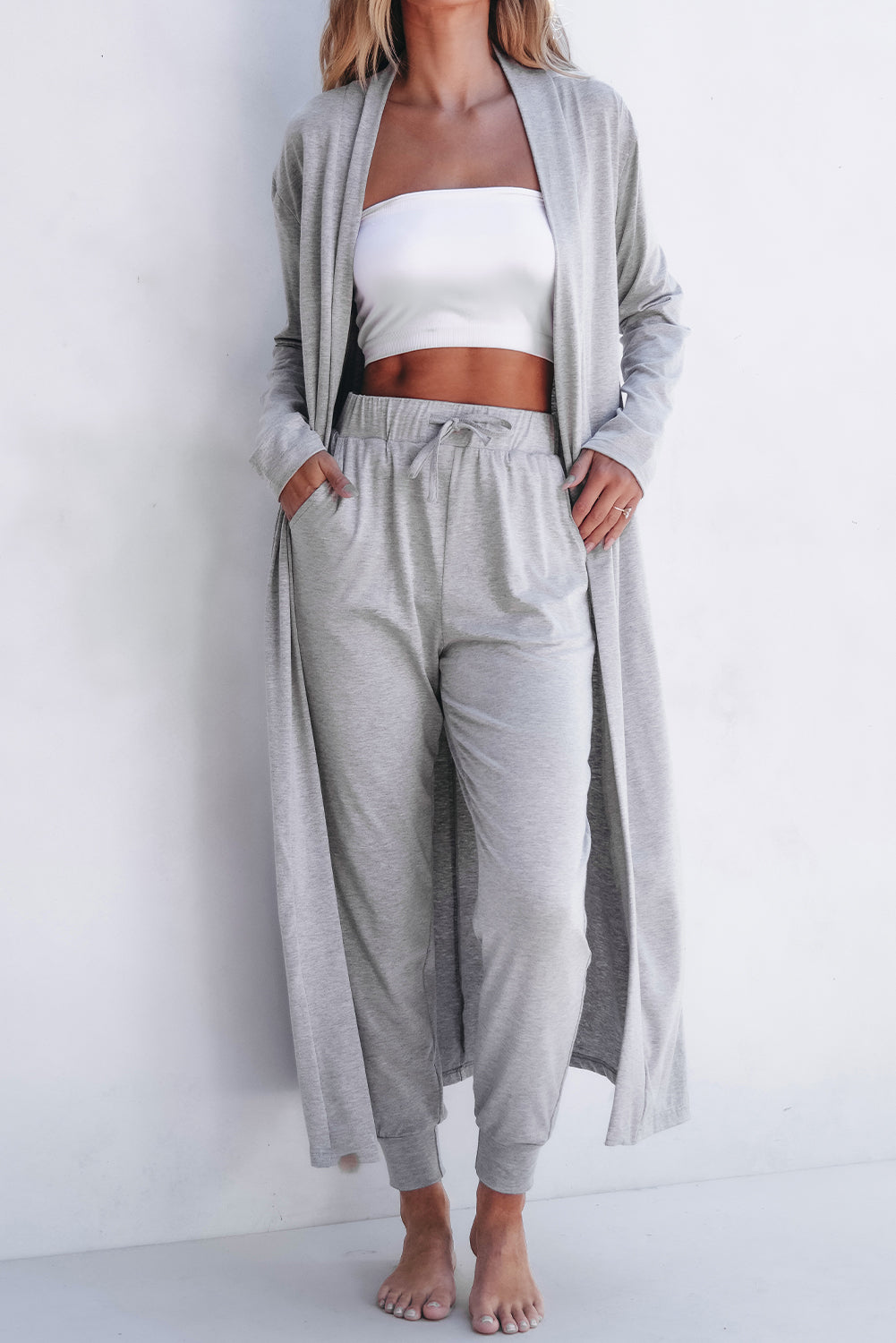 Light Grey Split Long Cardigan and Skinny Pants Lounge Set 🇨🇳