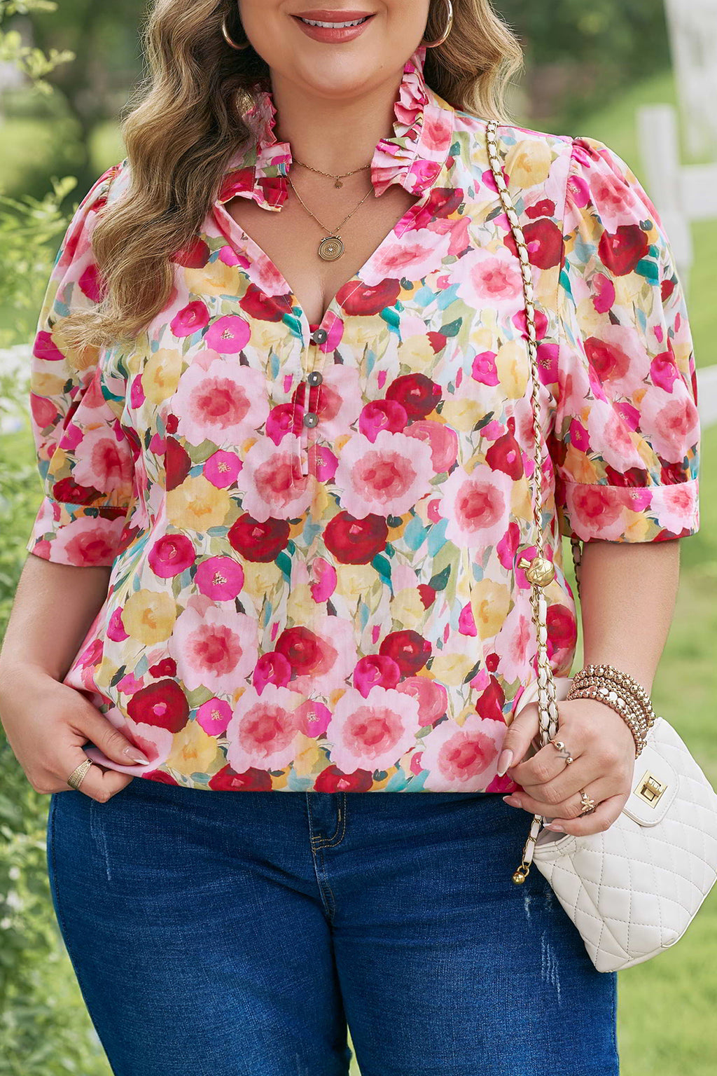 Pink Plus Size Flower Print Split V Neck Puff Short Sleeve Top 🇺🇸