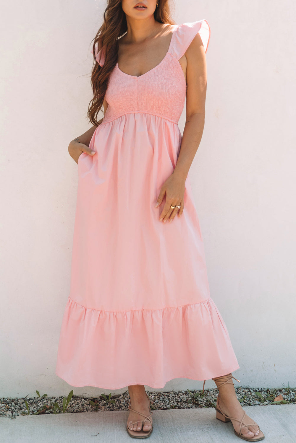 Pink V Neck Flutter Sleeve Smocked Bodice High Waist Ruffle Maxi Dress 🇨🇳