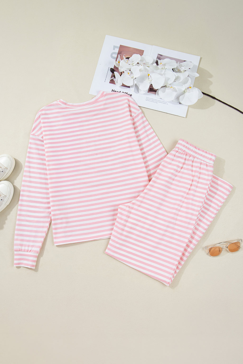 Pink Stripe Drop Shoulder Round Neck Top and Buttoned Straight Pants Two Piece Set 🇺🇸