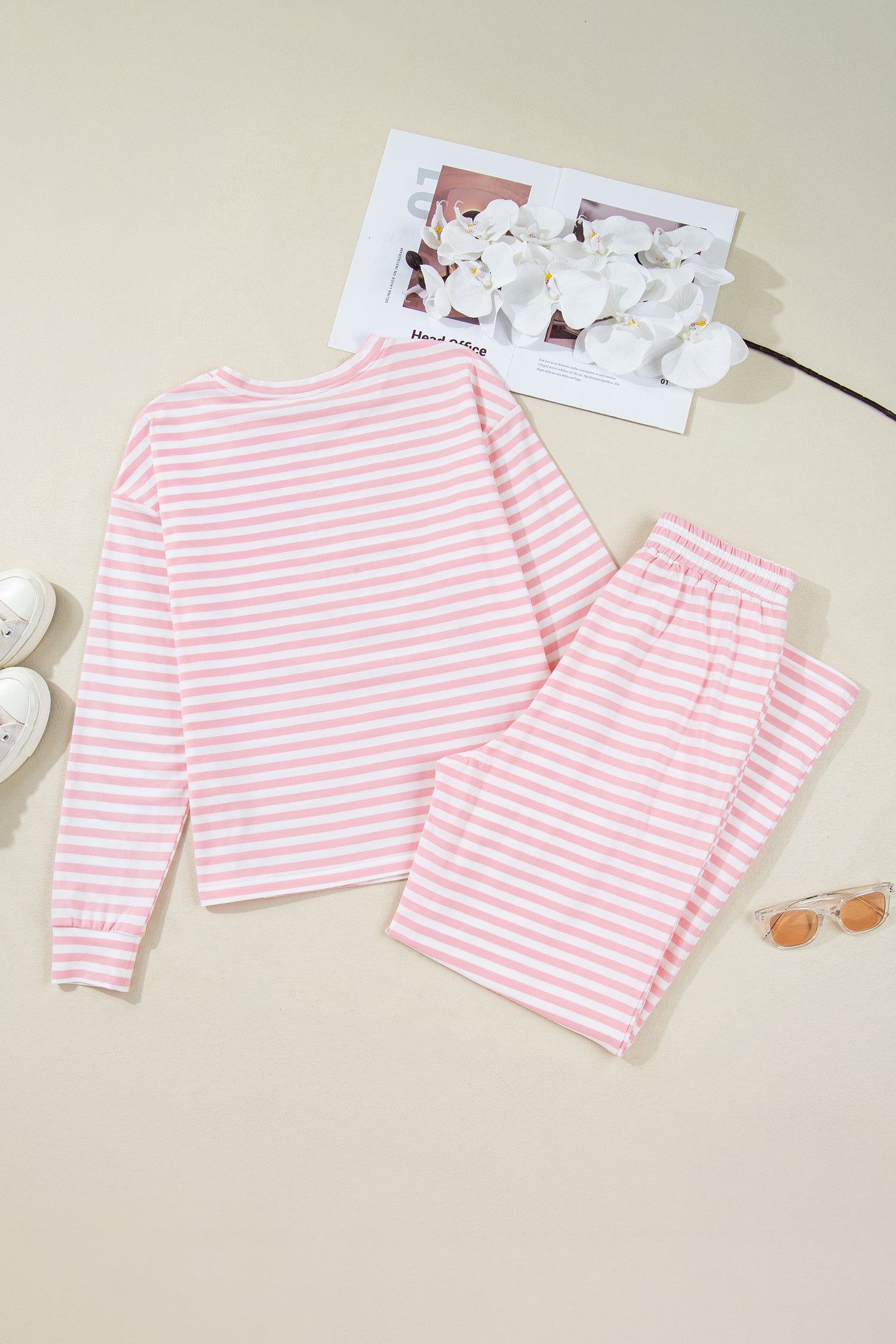 Pink Stripe Drop Shoulder Round Neck Top and Buttoned Straight Pants Two Piece Set 🇺🇸