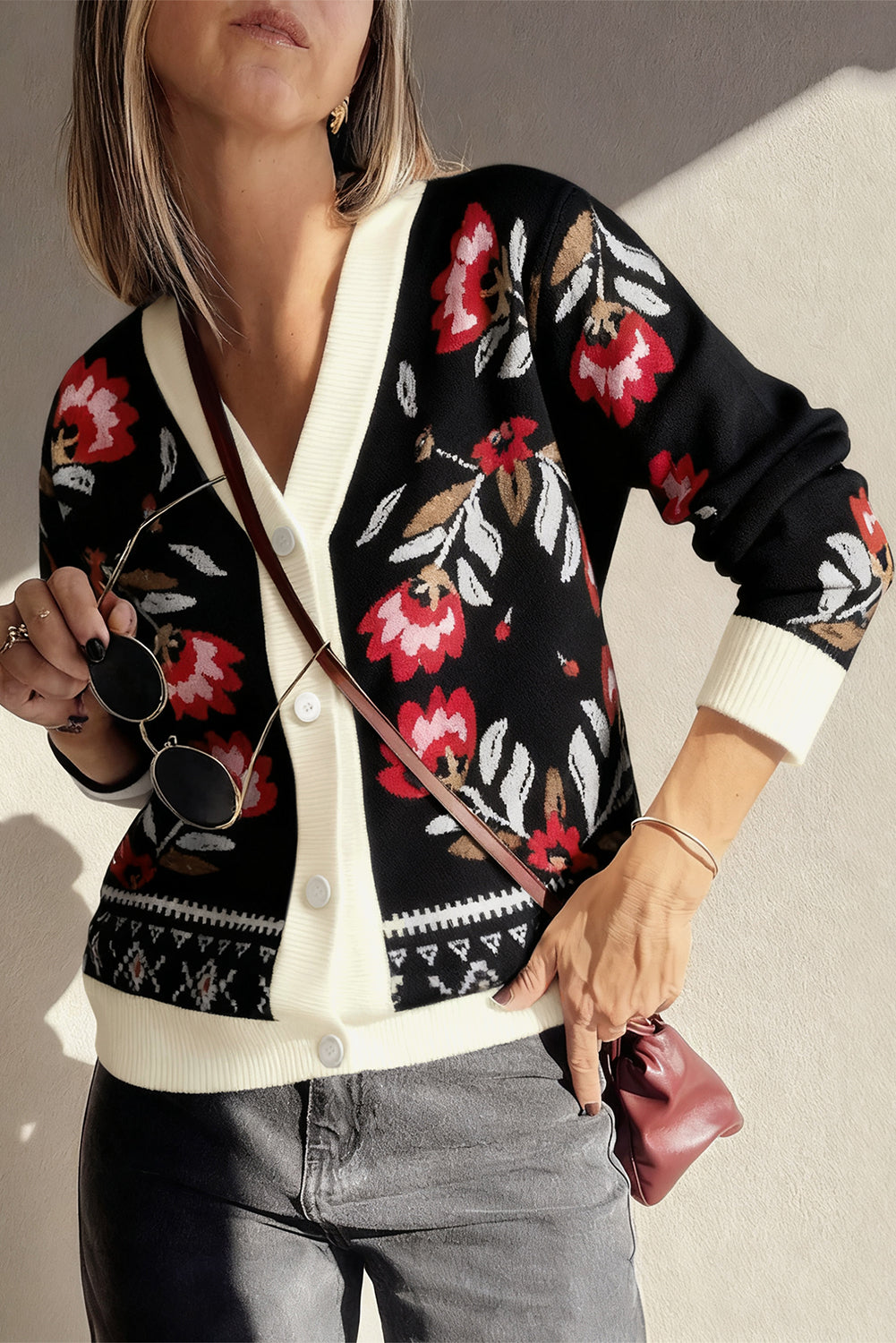 Black Floral Print Buttoned Front V Neck Knit Cardigan 🇺🇸