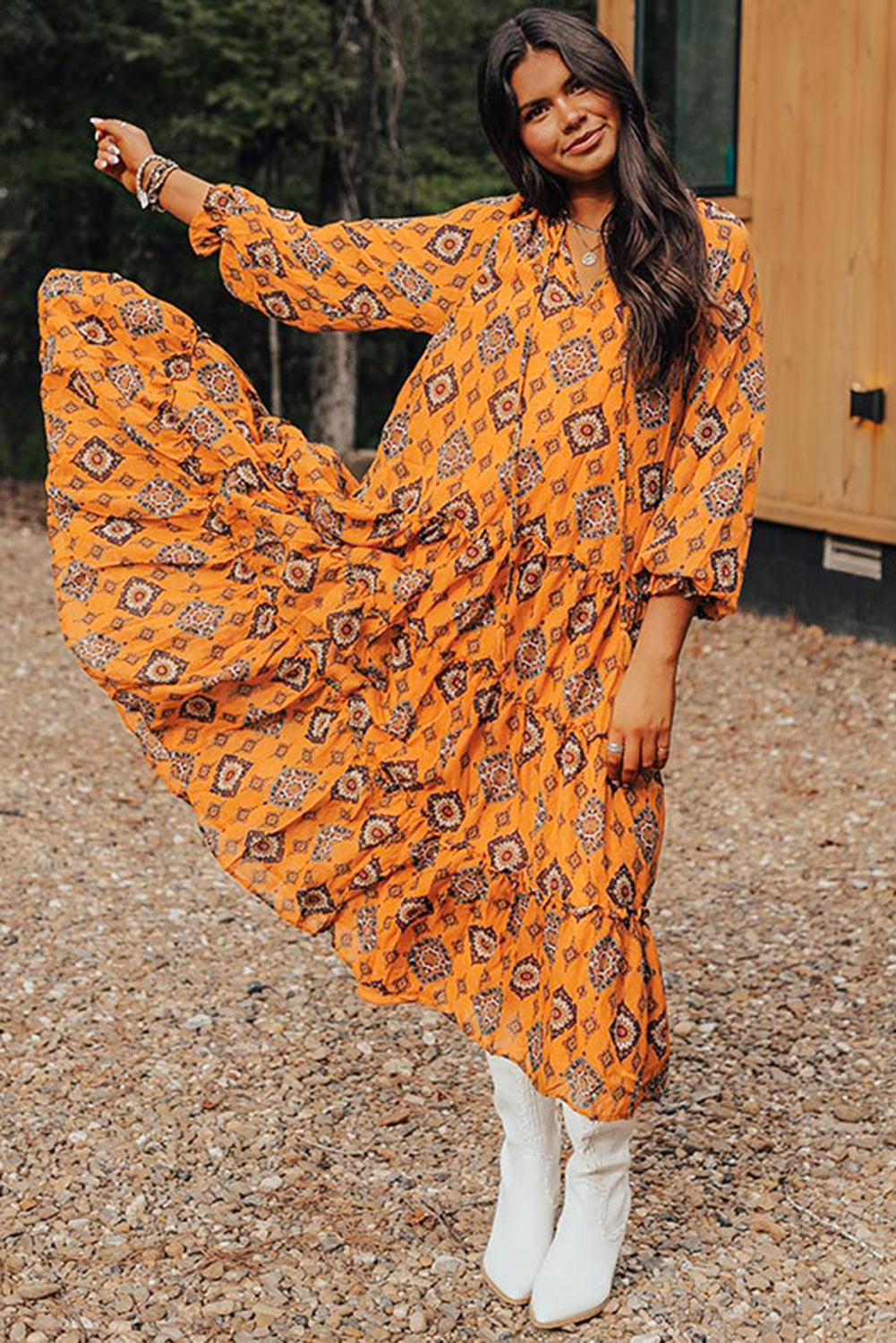 Orange Western Geometric Print Tiered Frilled Loose Fit Midi Dress 🇺🇲