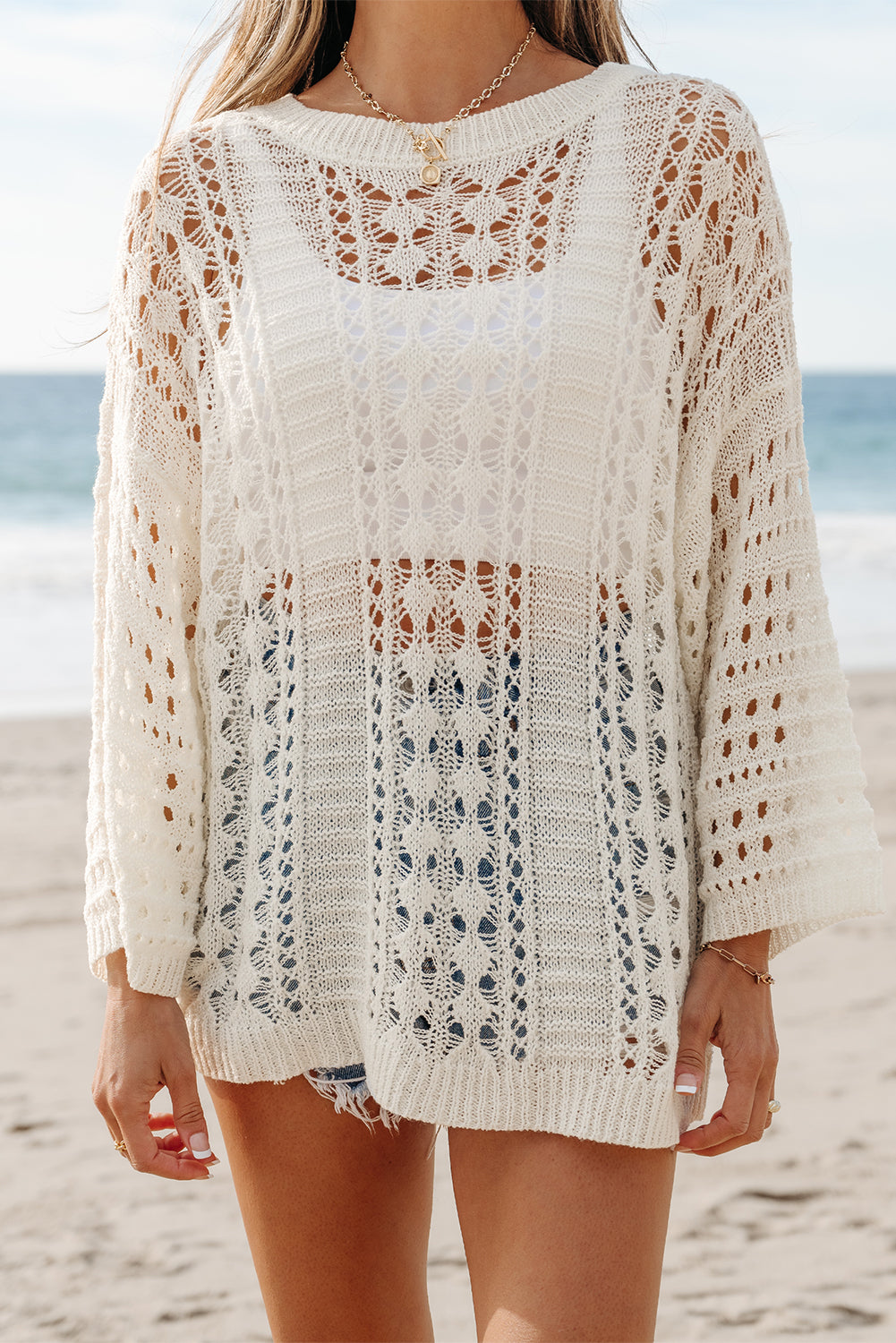 White Hollow Out Knit Bracelet Sleeve Drop Shoulder Sweater 🇨🇳
