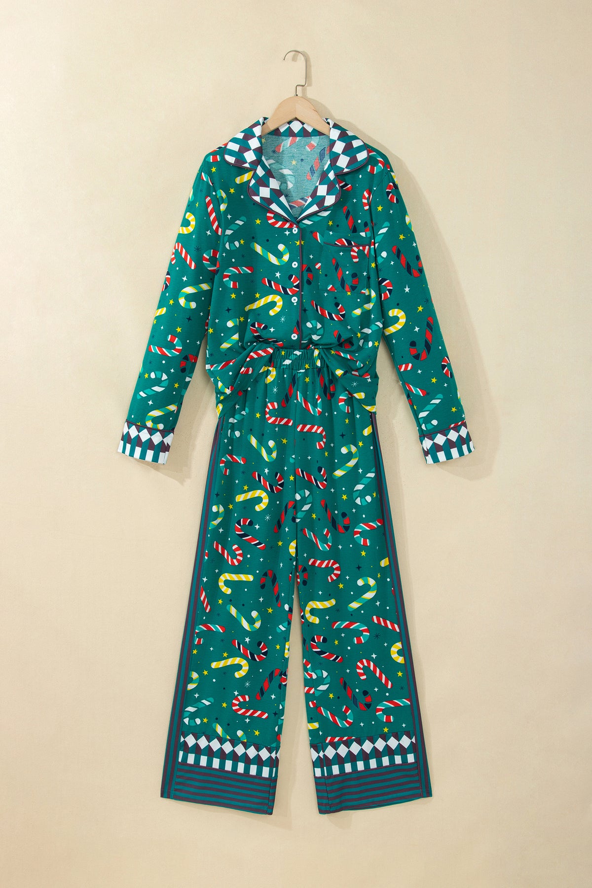 Green Abstract Candy Cane Print Long Sleeve Two Piece Lounge Set 🇺🇸