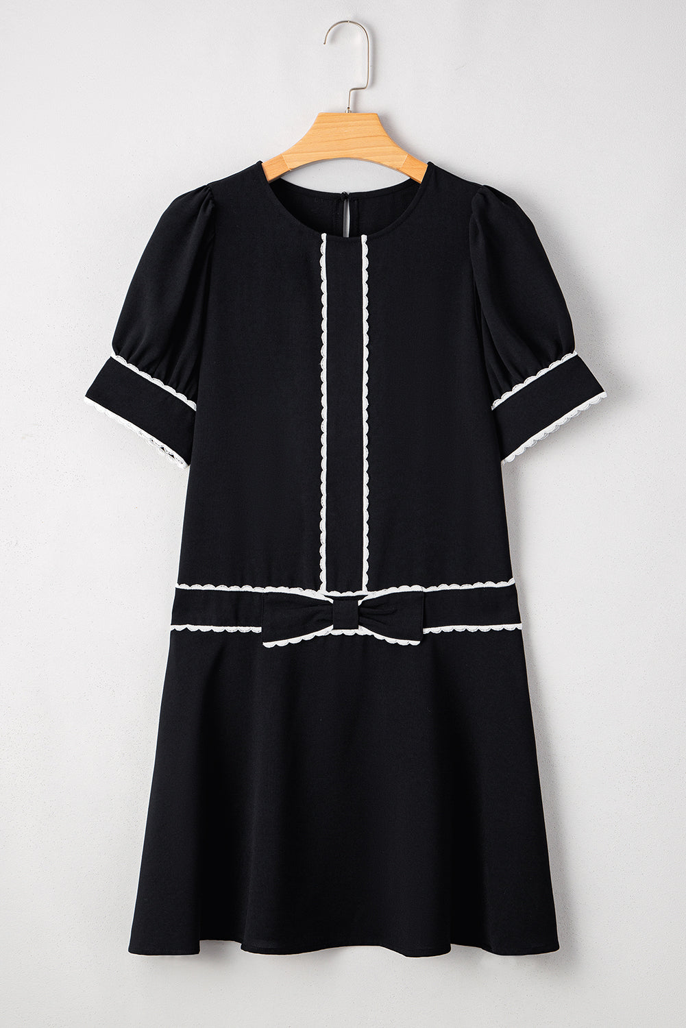Black Contrast Scallop Trim Bow Detail Half Sleeve Shift Dress 🇨🇳