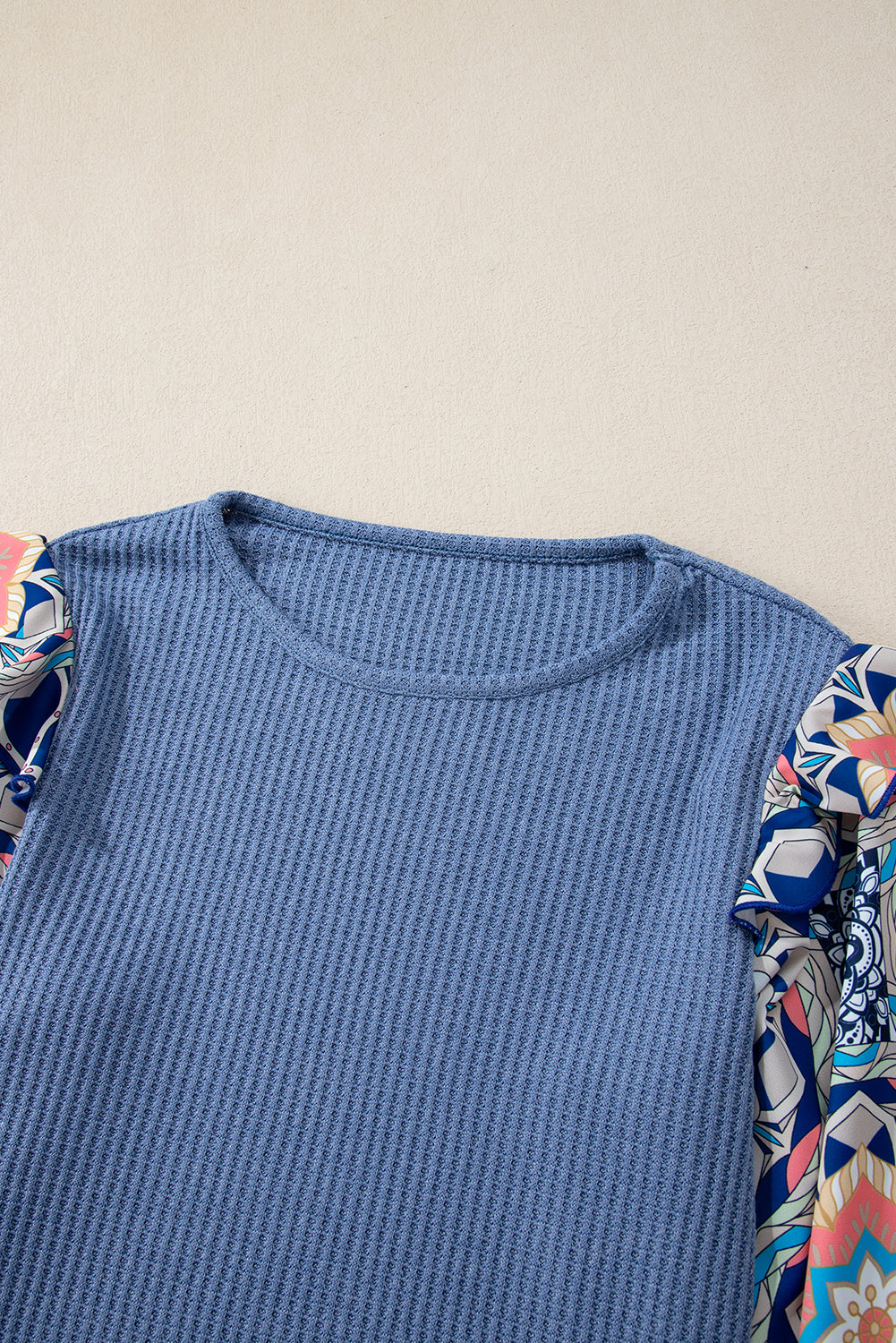 Ashleigh Blue Ruffled Floral Sleeve Patchwork Waffle Knit O Neck Blouse 🇺🇸
