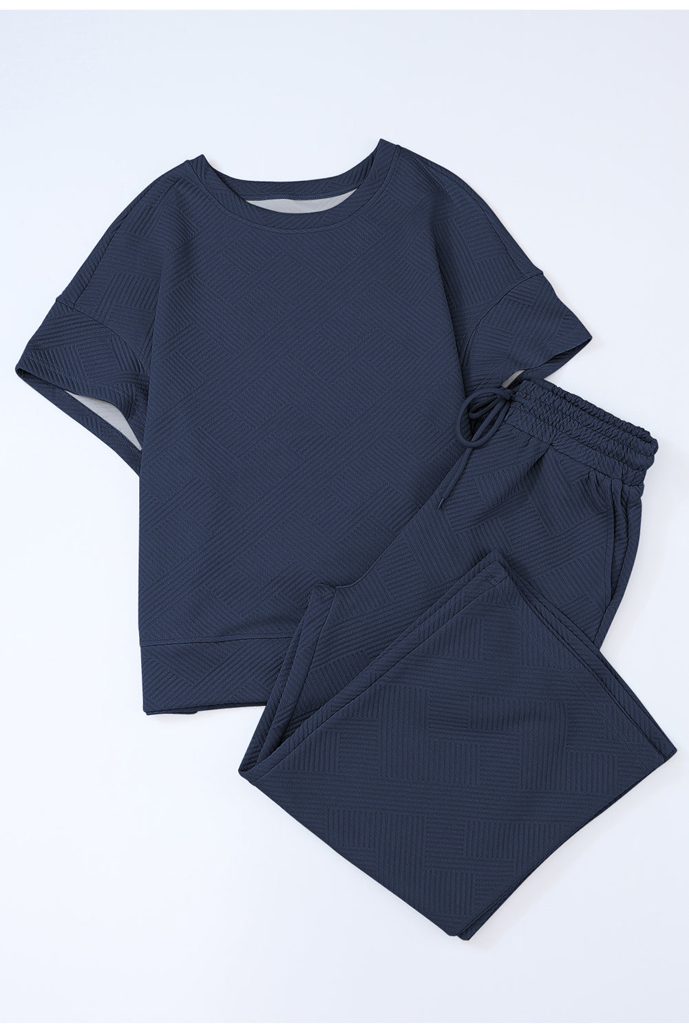 Navy Blue Textured Loose Fit T Shirt and Drawstring Pants Set 🇨🇳