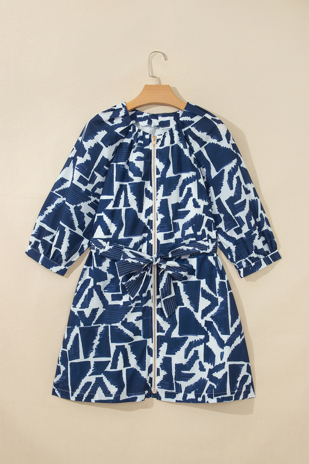 Blue Abstract Geometric Print Zip Front Tie Waist Shift Dress 🇺🇸