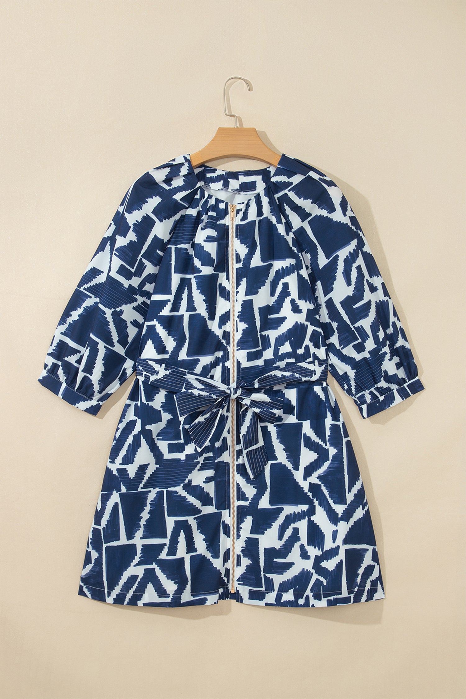 Blue Abstract Geometric Print Zip Front Tie Waist Shift Dress 🇺🇸