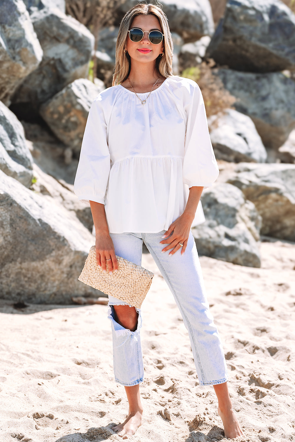 White Bow Knot Cutout Back Loose Fit 3/4 Sleeve Blouse 🇺🇸