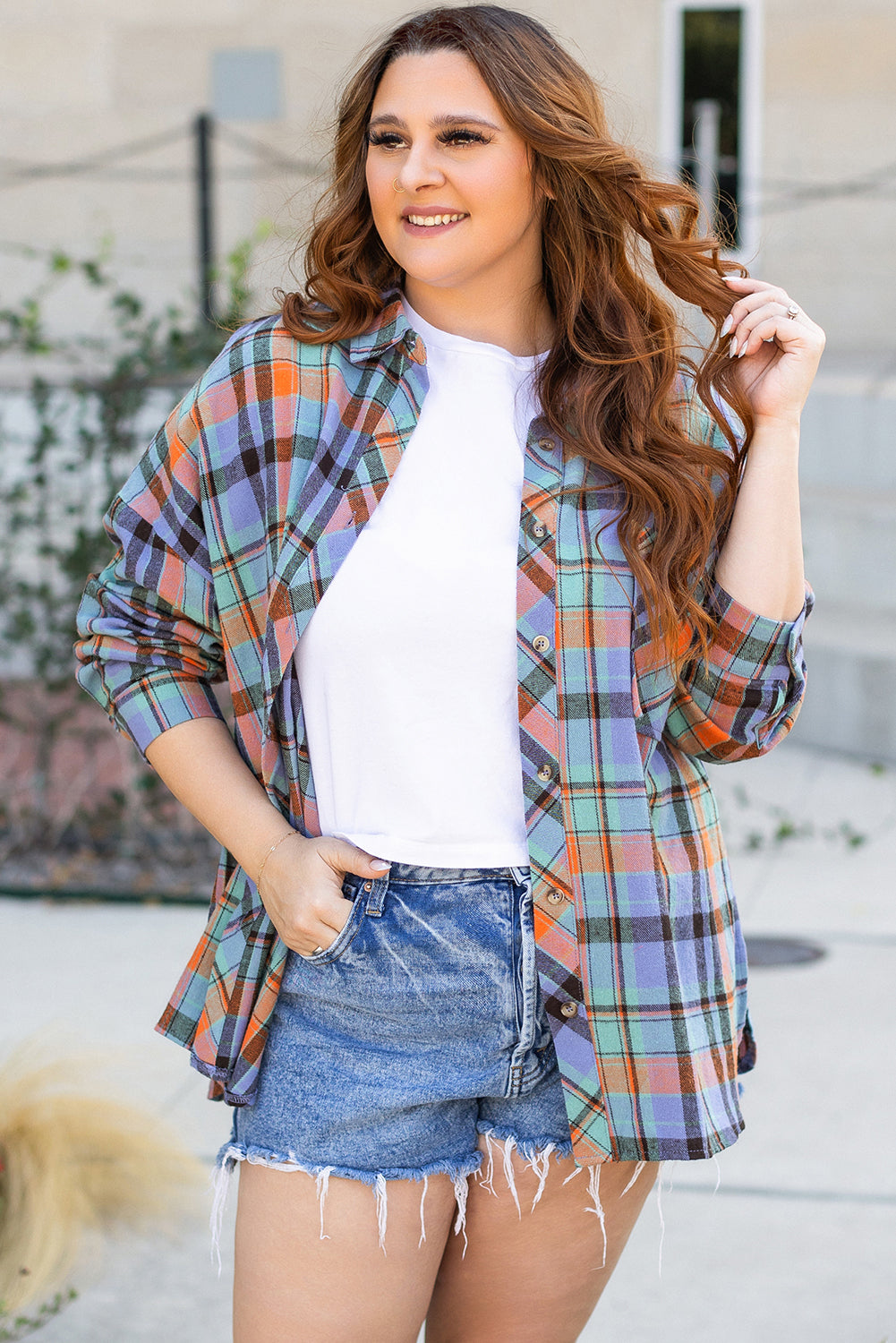 Orange Plus Size Plaid Print Buttoned Shirt 🇺🇸