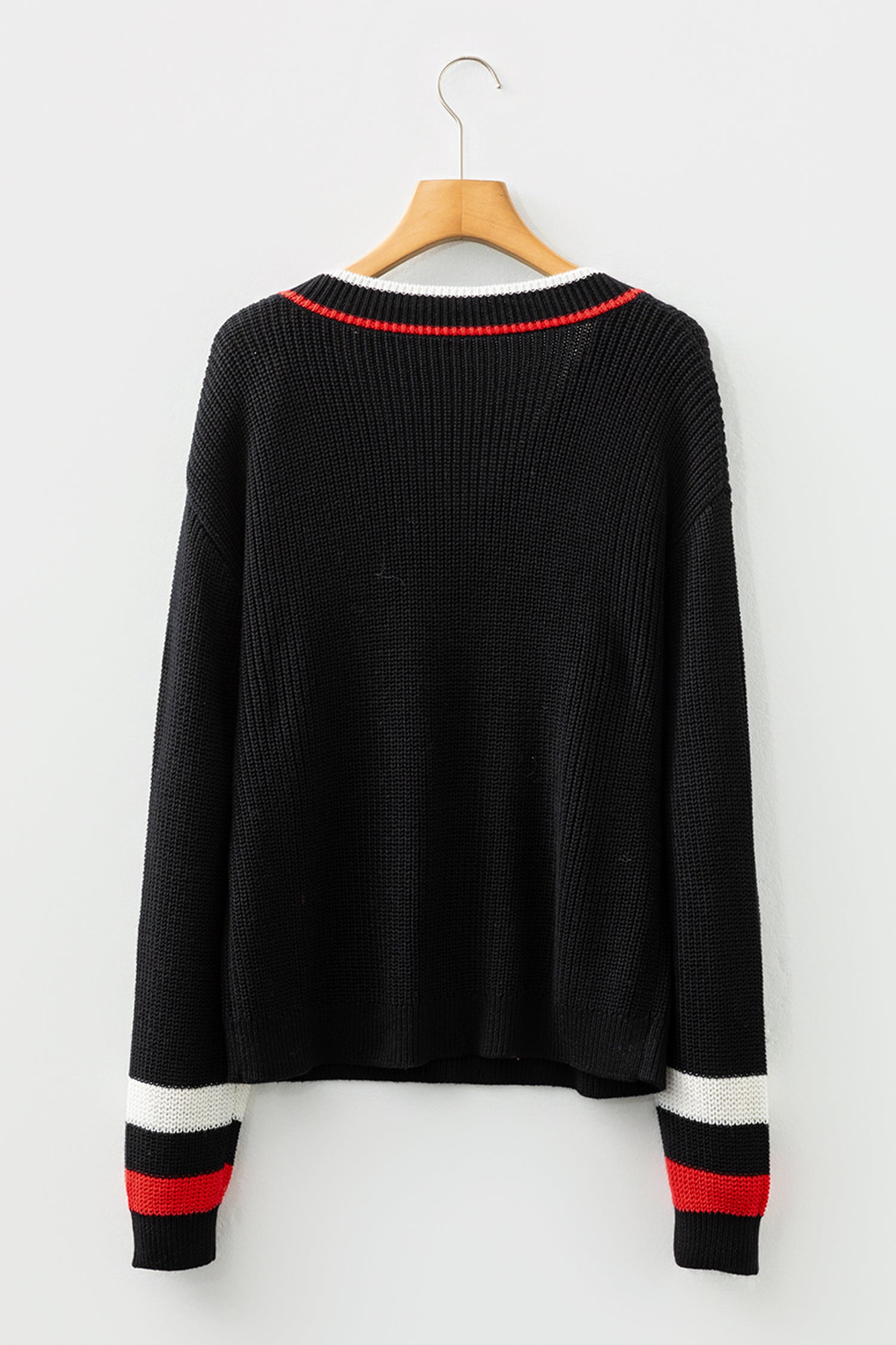 Black Contrast Striped Trim V Neck Drop Shoulder Sweater 🇺🇸