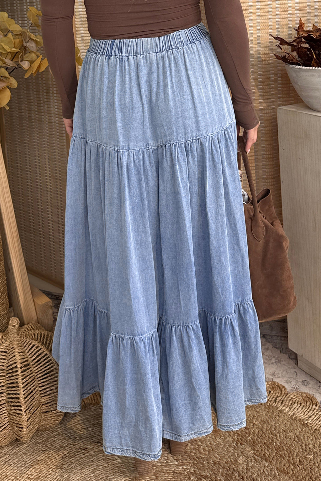 Black Elastic Waist Ruffled Tiered Flared Denim Maxi Skirt
