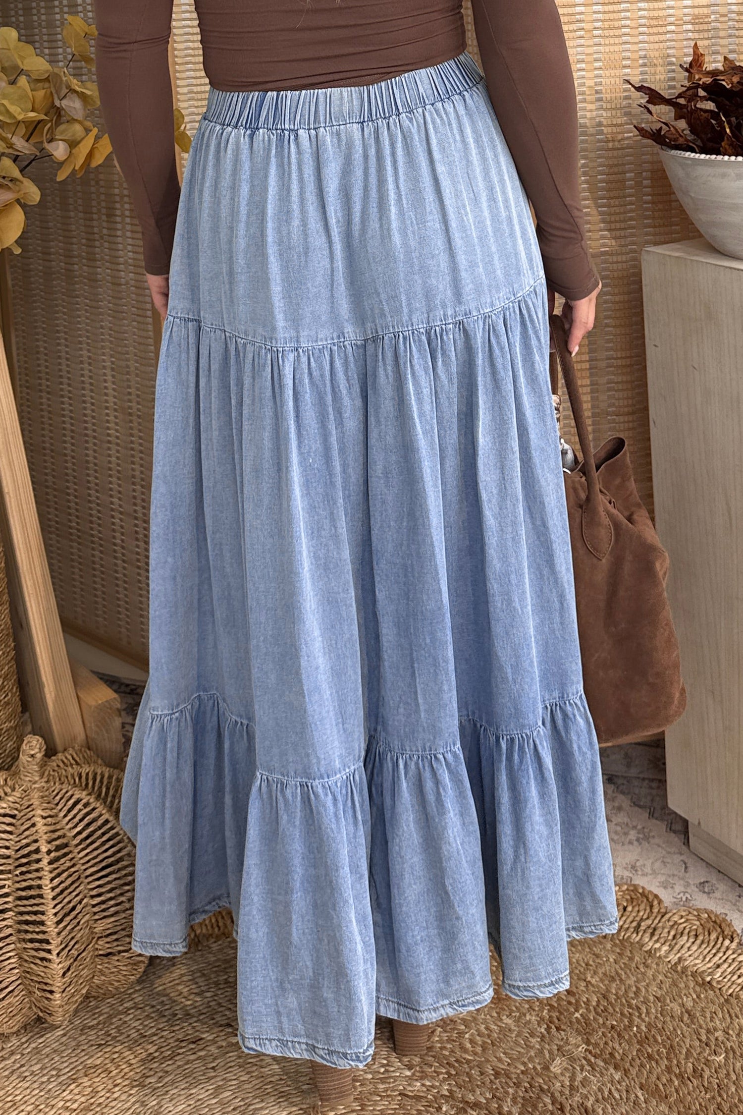 Black Elastic Waist Ruffled Tiered Flared Denim Maxi Skirt