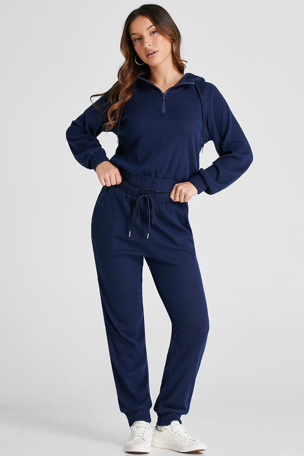 Navy Blue Ribbed Knit Cropped Hoodie and Drawstring Joggers Set 🇺🇲