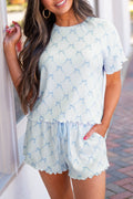 Sky Blue Bow Knot Geometric Print Lettuce Trim Two Piece Lounge Set 🇨🇳